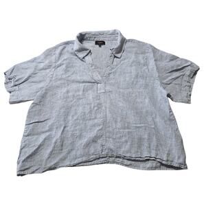 Quince Womens XL Blue White Stripe Linen Feel Short Sleeve Popover Top Blouse